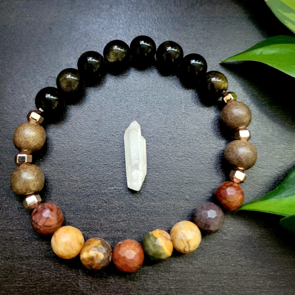 Picasso Jasper, Gold Sheen Obsidian, & Robles Wood Bracelet